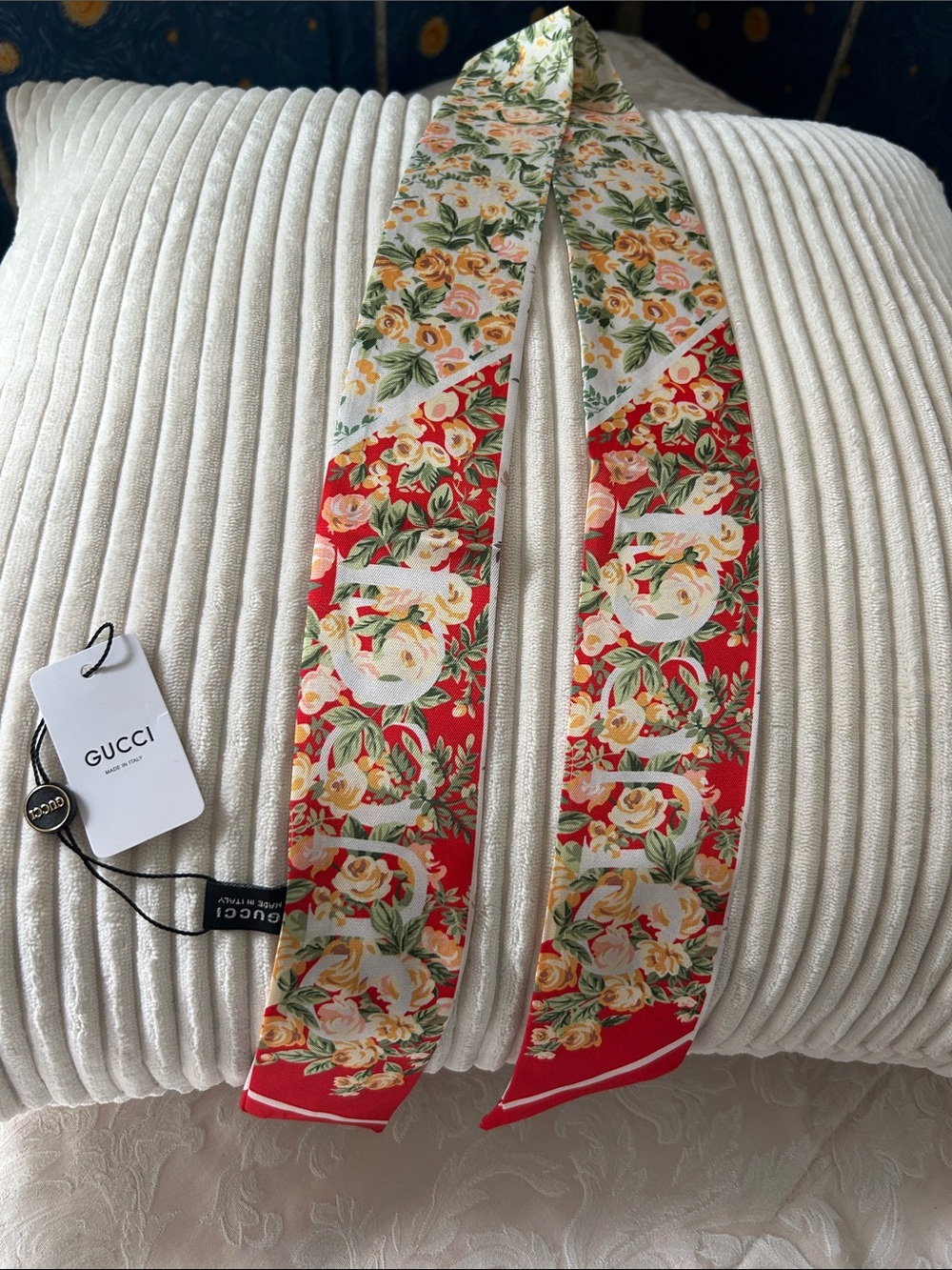 Floral Silk Twilly or Scarf in Red, Cream, Green and Yellow.